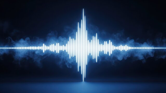 Glowing sound wave visualization with smoke, centered on dark, blue background