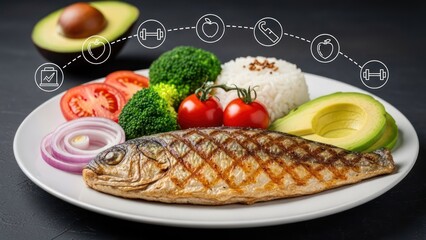 Grilled fish, veggies, rice, avocado slices, onion on plate. Health icons above