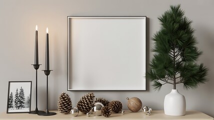 Frame mockup christmas decor candles pine cones ornaments minimalist style holiday decoration display