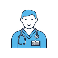 Fototapeta premium Simple line art illustration of a smiling male doctor wearing blue scrubs and a stethoscope with a hospital ID badge.