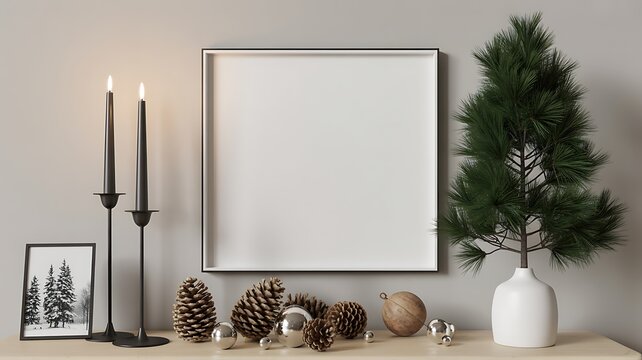 Frame mockup christmas decor candles pine cones ornaments minimalist style holiday decoration display