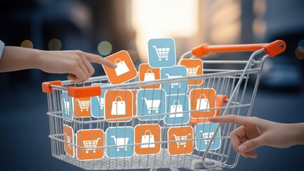 Online shopping cart, icons of bags and carts, hands pointing, blurred background