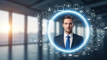 Portrait of a man with tech icons in circle, office background, digital overlay