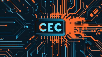 The poster of the "CEC"anniversary celebration features an electronic chip , which is "CEC"in blue and white tones. The background color should be black and orange to highlight the theme of technology