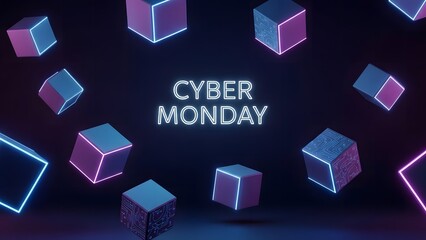 Cyber Monday promotion with floating neon cubes and a dark background, showcasing a modern design.