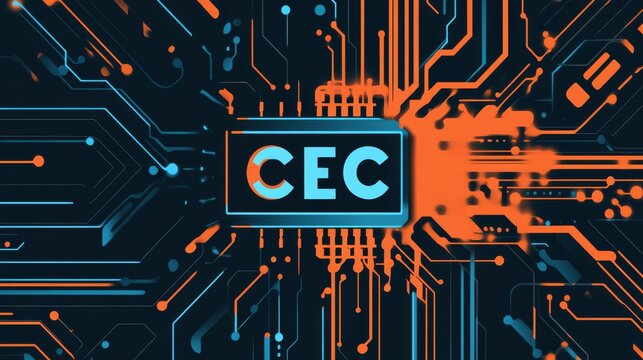 The poster of the "CEC"anniversary celebration features an electronic chip , which is "CEC"in blue and white tones. The background color should be black and orange to highlight the theme of technology