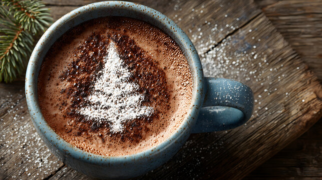 Mug with cocoa with Christmas tree made of powdered sugar on a wooden holiday background. Top view. Holidays food art. Happy New Year. For poster, banner, greeting card, invitation, web. Copy space