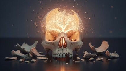 Skull fragments with glowing tree inside head and floating particles, dark background