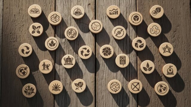 Round icons with various nature and society symbols on weathered wood surface