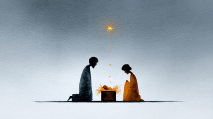 Obraz premium Stylized depiction of Mary Joseph and baby Jesus under the Star of Bethlehem