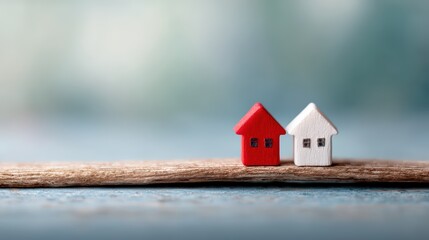 Two miniature houses, one red and one white, sit on a wooden stick, symbolizing real estate or home ownership in a soft-focus background.