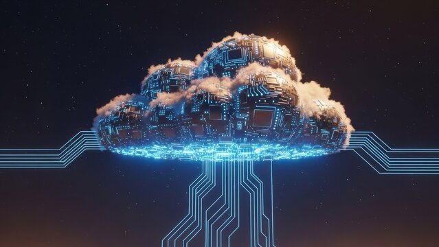 Tech cloud motherboard with fluffy clouds illuminated above circuit lines