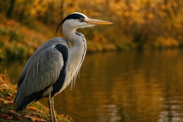 Fototapeta premium Heron by Autumn Riverbank – Serene Wildlife Scene with Fall Colors