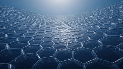 Fototapeta premium Wave-like pattern of glossy, translucent, blue hexagons receding into a bright horizon