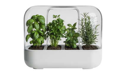 Grow Fresh Herbs Indoors Year-Round with this Sleek Modern Hydroponic System for Cooking, Gardening, and Sustainable Living in a Stylish Home Kitchen isolated on white or transparent PNG.