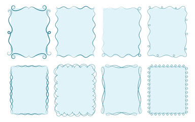 Blue hand drawn frames. Wavy lines. Xmas trendy backgrounds. Minimalist holiday posters, invitation, greeting card. Vector illustration