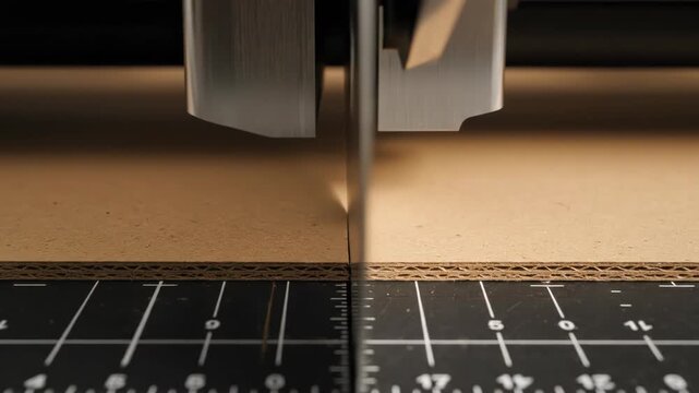 A precision machine blade cuts through a thick piece of cardboard. The automated process ensures a clean and accurate separation.
