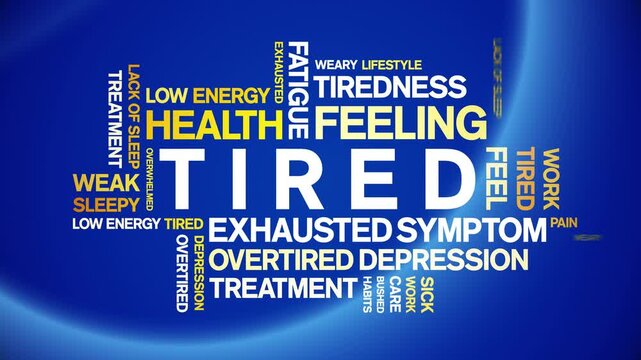 Tired animated word cloud-text design animation tag kinetic typography seamless loop.