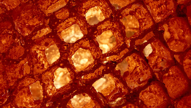 Microscopic close-up view of an intricately detailed honeycomb structure with warm golden tones, showcasing organic geometric texture, natural pattern, and biological precision