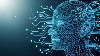 Wireframe face connected to circuits against a gradient blue background