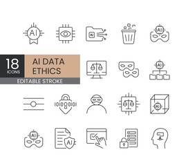 A set of vector icons covering essential AI data ethics topics such as anonymization, bias mitigation, privacy, and secure data governance, created in line style with editable stroke