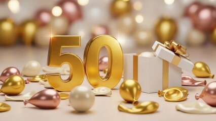 Golden "50" amidst balloons, gift box, and soft bokeh background. Celebration