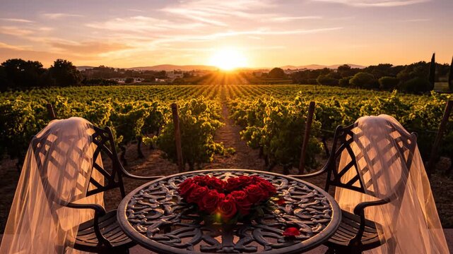 A romantic table setting overlooks a beautiful vineyard at sunset. Red roses form a heart, creating a perfect intimate moment.
