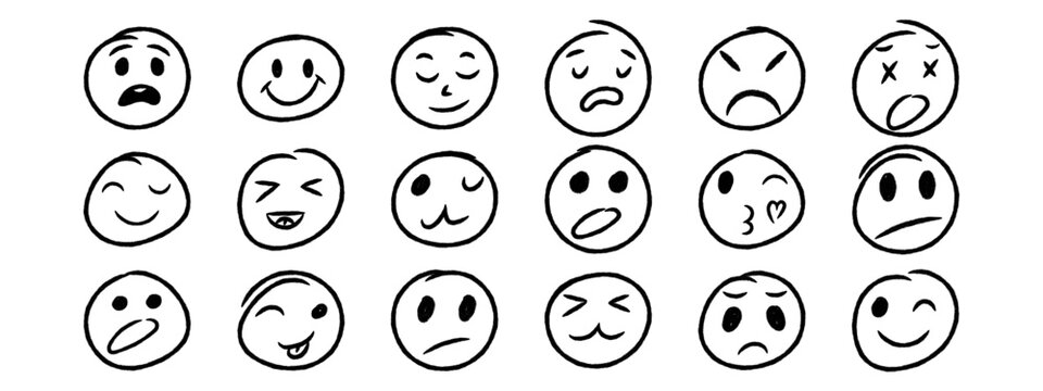 Doodle crayon emoji face collection. Hand drawn emoticons with happy, sad, angry and funny expressions.