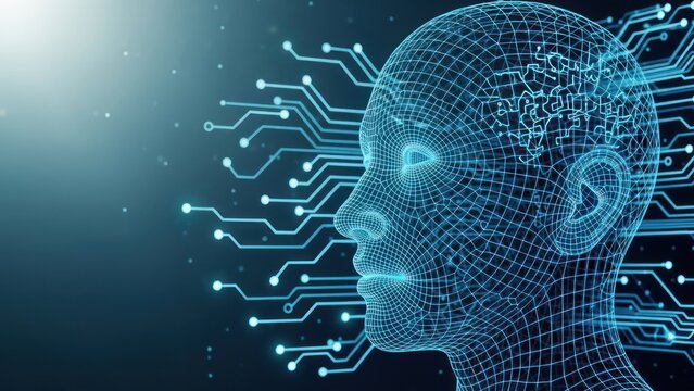 Wireframe face connected to circuits against a gradient blue background