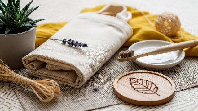 Zero-waste items, including a succulent, lavender, toothbrush, and cloth on a mat