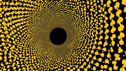 Abstract swirling vortex of golden yellow dots and dark voids creating a mesmerizing visual tunnel effect