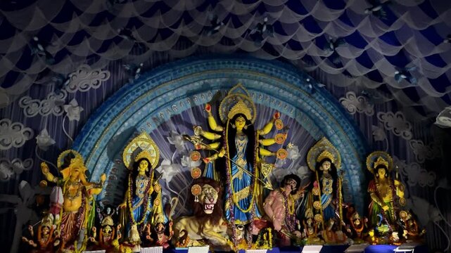 Subho mahalaya, Video of an handmade colorful idol of Goddess Durga  installed in decorated colorful Pandal during navratri festival. 