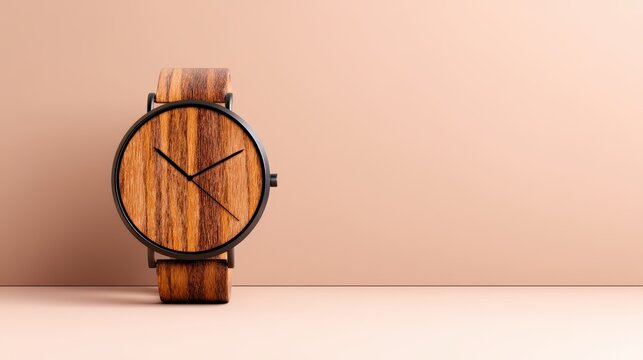 A stylish wooden watch with a minimalistic design, featuring a round face and a sleek band against a soft, neutral background.