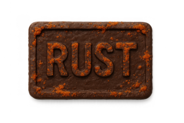 Rust metal sign showing text and corrosion texture on an old weathered surface with transparent background