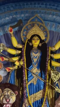 Subho mahalaya, Video of an handmade colorful idol of Goddess Durga  installed in decorated colorful Pandal during navratri festival. 