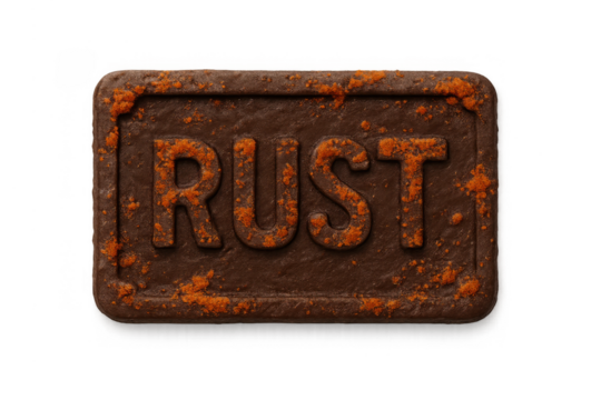 Rust metal sign showing text and corrosion texture on an old weathered surface with transparent background - Powered by Adobe