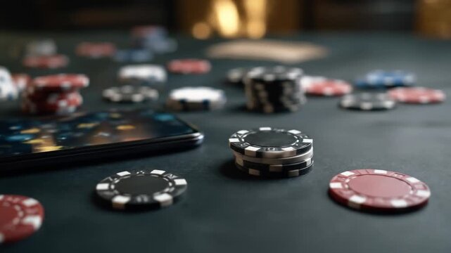 Casino table adorned with colorful poker chips, a sleek tablet, and soft reflections on felt; glow!!