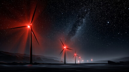 Night shot of wind turbines with glowing red warning lights, starry sky. Electricity in nature or clean energy concept. Wind turbine producing alternative energy