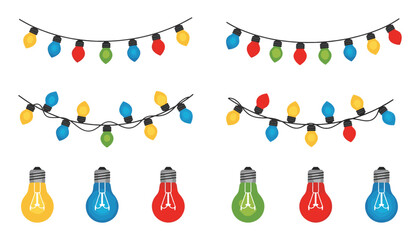 Colorful Christmas Lights Vector Set — Garland, Festive Bulbs, Holiday Decoration and Winter Celebration Icons