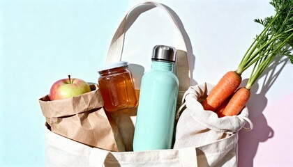 sustainable shopping bag with fresh items, natural light highlights ecoconscious transient shopping essentials, reusable tote showcasing healthy foods and environmentally friendly gear for commuters