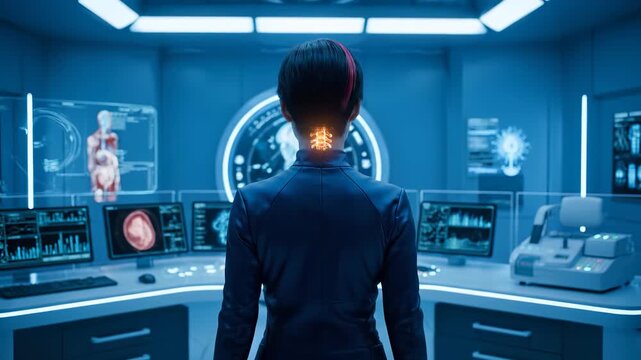 Viewing cervical spine hologram in lab. Neck vertebra glow on display. Medical staff review scan data. Futuristic technology visualizes health anatomy. Patient assessment in control room. Case study.