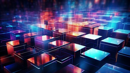 Abstract Array of Glowing Neon Cubes in Red, Blue, and Purple Hues
