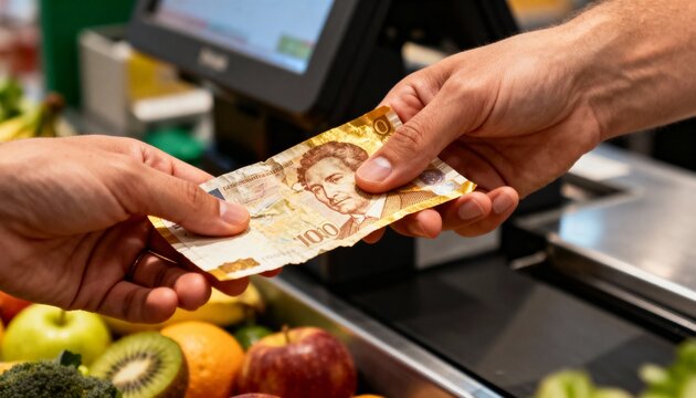 vendor and customer swapping money over fruit stand, cash transaction taking place at openair fruit vendor station, person exchanging currency with seller amidst fresh produce at lively outdoor market