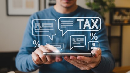 Person interacts with digital financial application overlay displaying taxation concepts on a mobile device