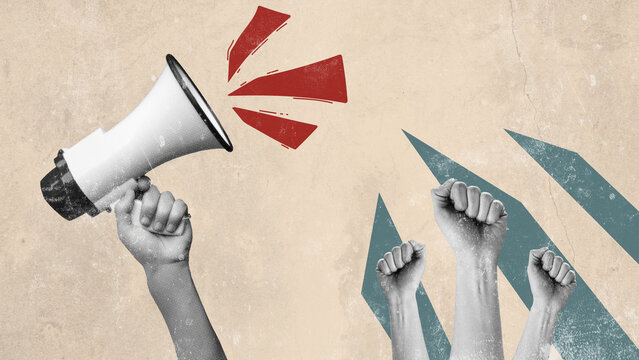 Activism and voices united in a call for change with raised fists and a megaphone