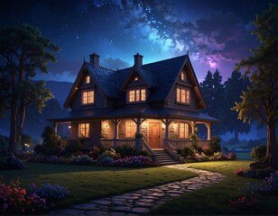 Charming illuminated home with a beautiful night sky and vibrant garden view