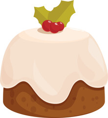 Delicious christmas pudding with holly berries and icing, perfect for celebrating winter holidays