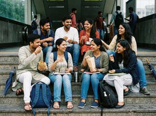 Happy Group Of Indian University Students Sitting On College Campus Steps Laughing With Backpacks