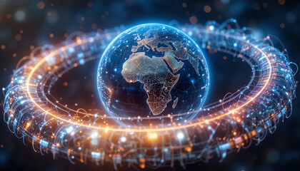 Global connectivity concept with luminous Earth and digital network, representing international communication, worldwide technology, and future innovation