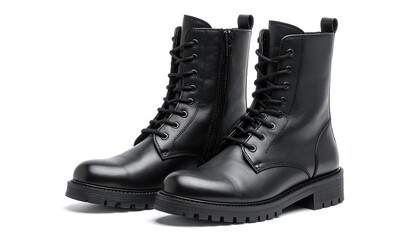 A pair of glossy black combat boots, angled slightly, showcasing laces, a side zipper, and a robust sole, set against a pristine white backdrop